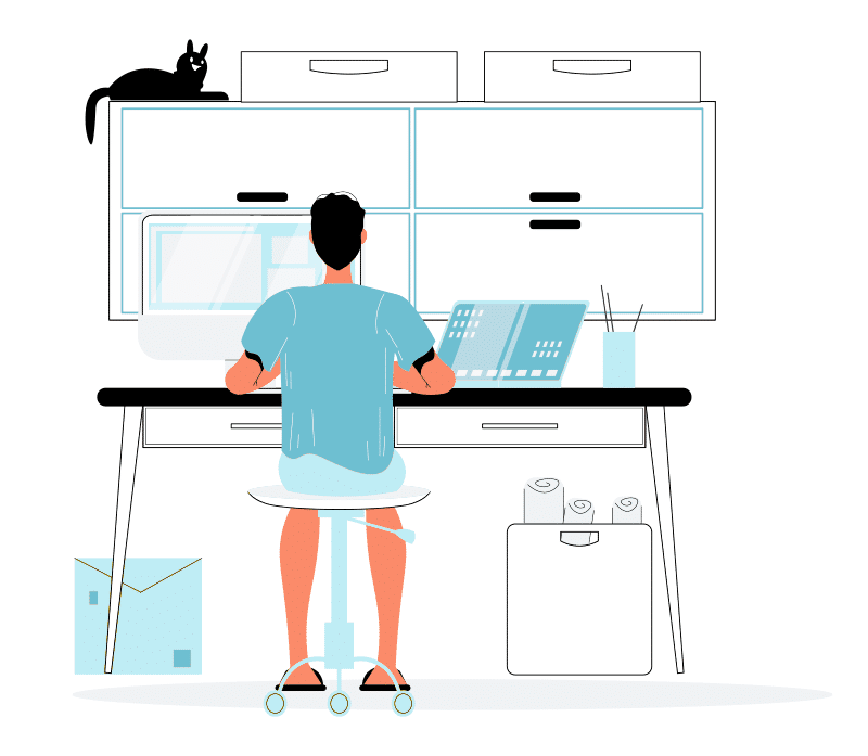 Ilustracija čovjeka koji radi na daljinu od svog doma koristeći Extilum Remote desktop ured